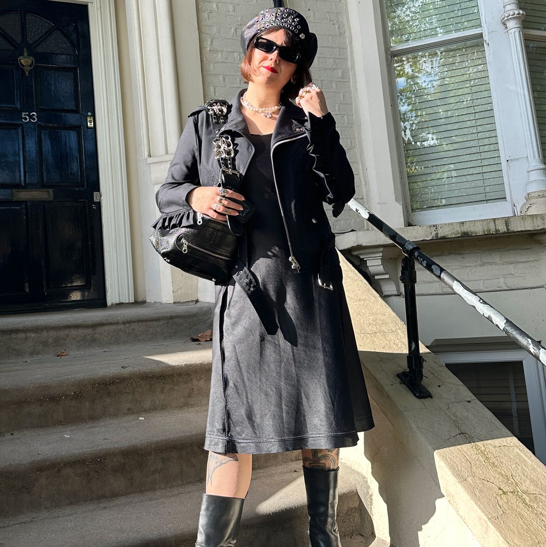 Studded Bandana Beret with Leather Jacket and Mini Dress Studded Bandana Beret with Leather Jacket and Mini Dress — Beret Outfits