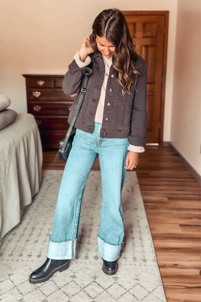 Cuffed Hem Styling: Denim Jacket with Light Blue Wide Leg Jeans — Winter Outfits with Wide Leg Jeans