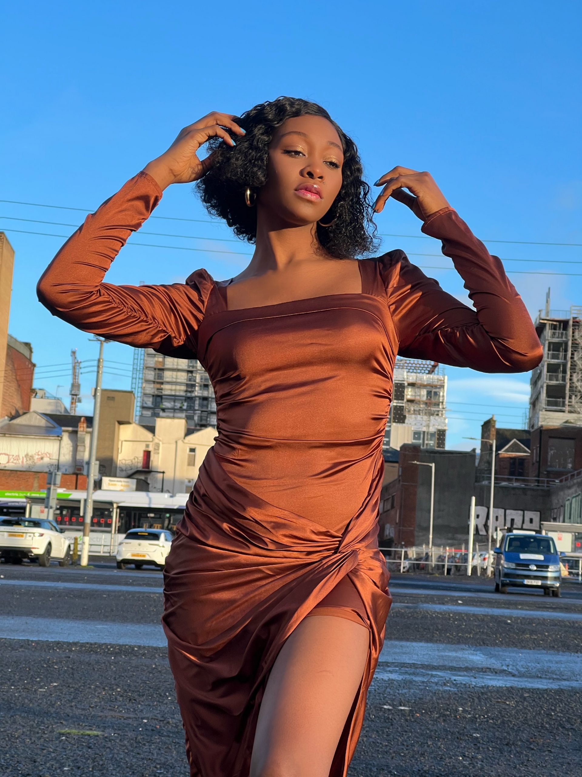 Bronze Brown Satin Ruched Dress with Thigh-High Slit for Evening Bronze Brown Satin Ruched Dress with Thigh-High Slit for Evening — Chocolate Brown Outfits