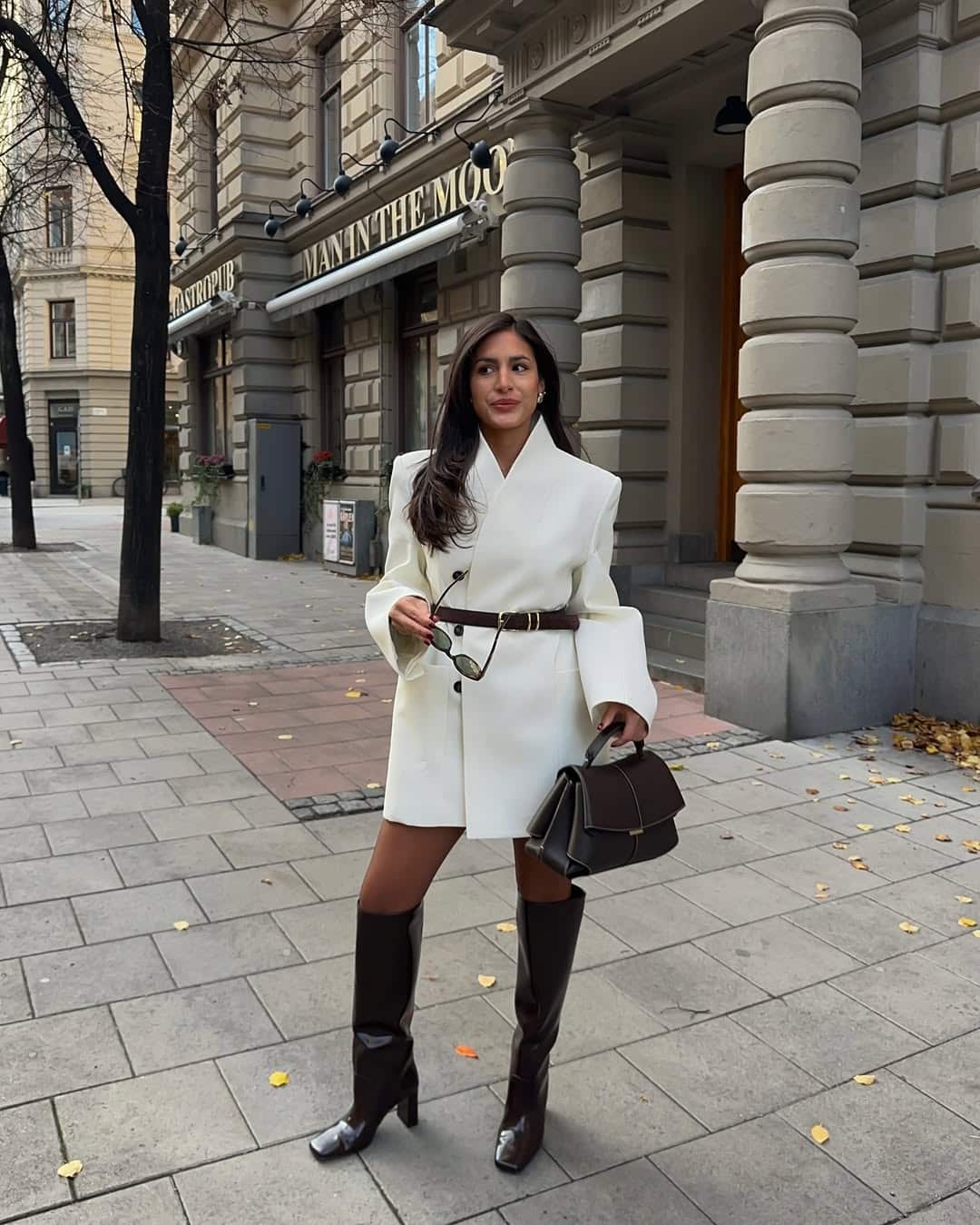 Dark Brown Patent Over-the-Knee Boots with White Blazer Dress Dark Brown Patent Over-the-Knee Boots with White Blazer Dress — Over the Knee Boots Outfits