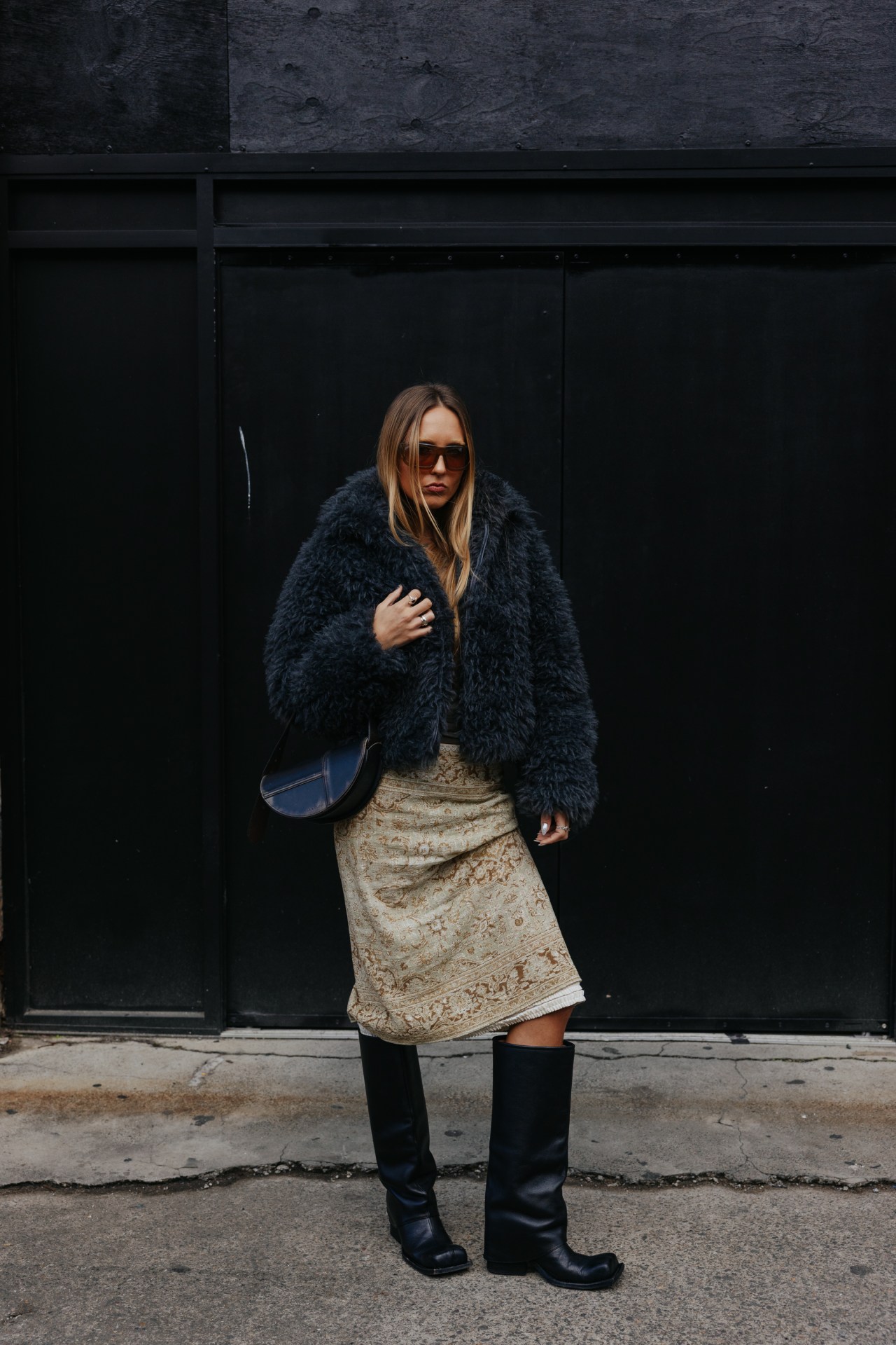 Black Knee-High Boots with Faux Fur Jacket and Lace Skirt — Winter Boots Outfits