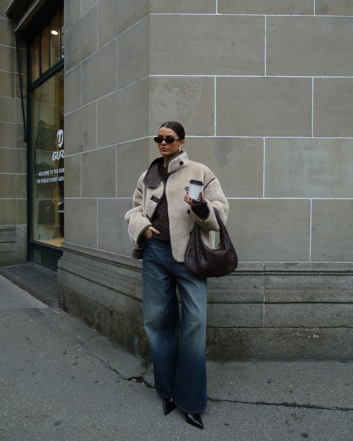Shearling Jacket Over Knit Sweater with Wide-Leg Jeans for Cozy Style — Classy Winter Outfits