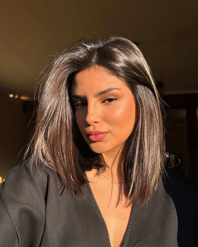 Sleek Straight Lob with Satin V-Neck Top Sleek Straight Lob with Satin V-Neck Top — Trendy Haircuts for Women