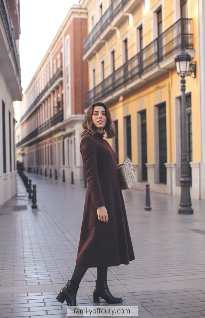 Maroon Knit Dress with Textured Tights — Europe Winter Outfits