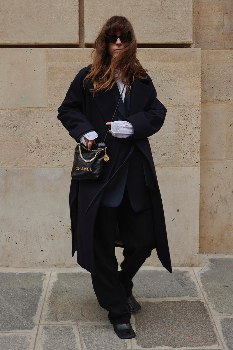 Navy Wool Coat Over Pinstripe Suit — Wool Coat Outfits