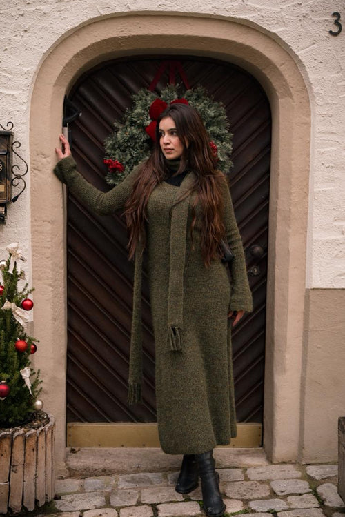 Olive Green Knit Dress with Turtleneck and Scarf Olive Green Knit Dress with Turtleneck and Scarf — Winter Birthday Outfits