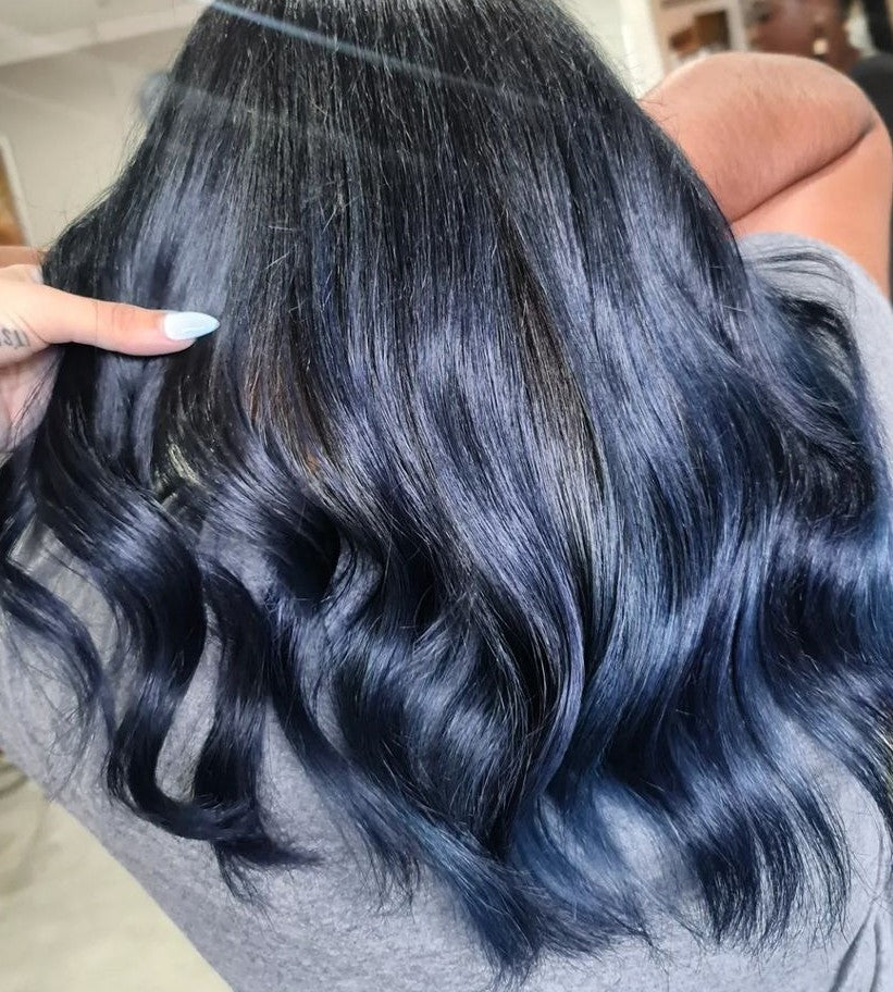 Rich Blue Black Hue On Wavy Hair — Blue Black Hair