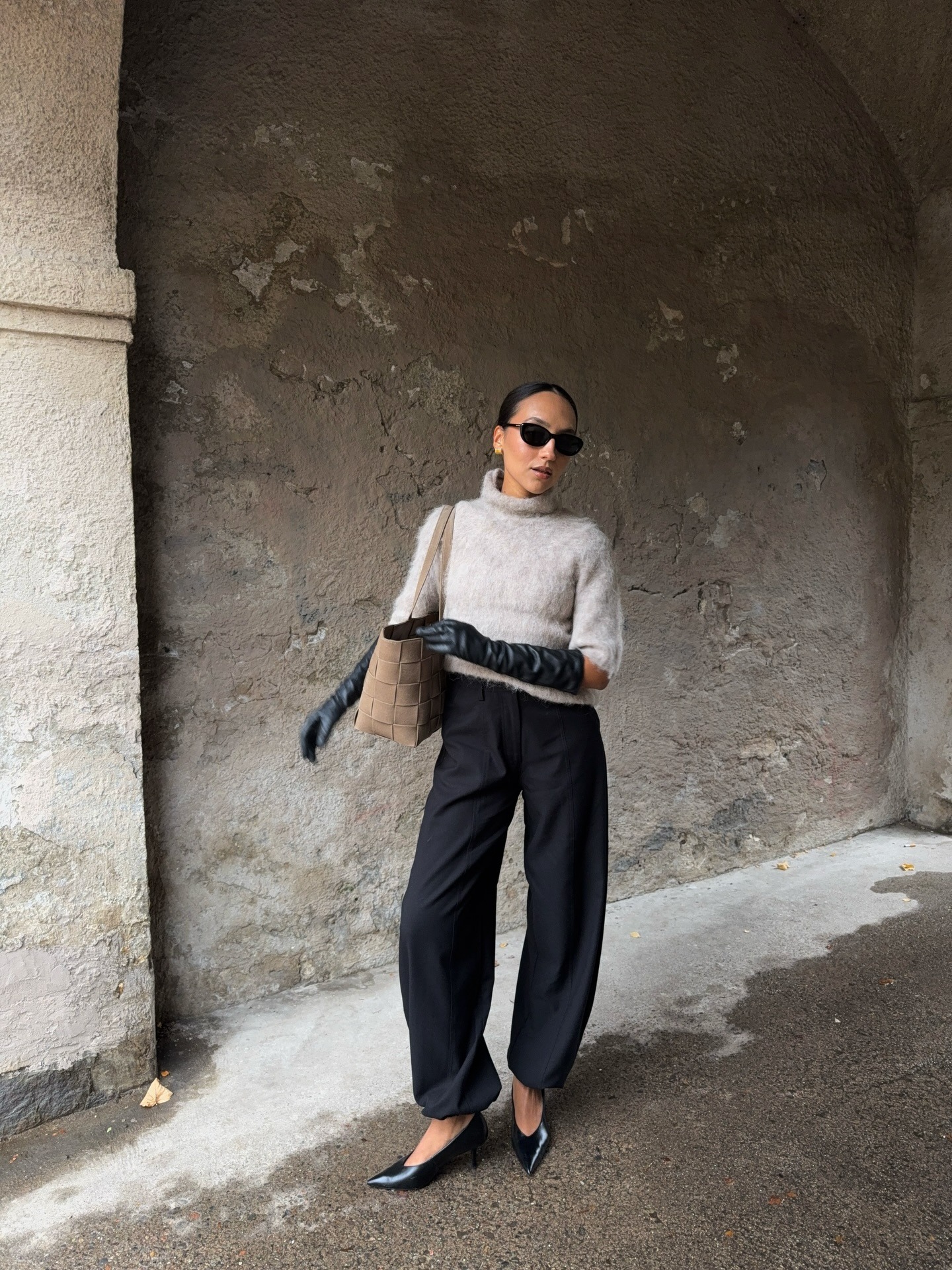 Sophisticated Beige Turtleneck with Leather Gloves and Trousers — Cold Weather Outfits