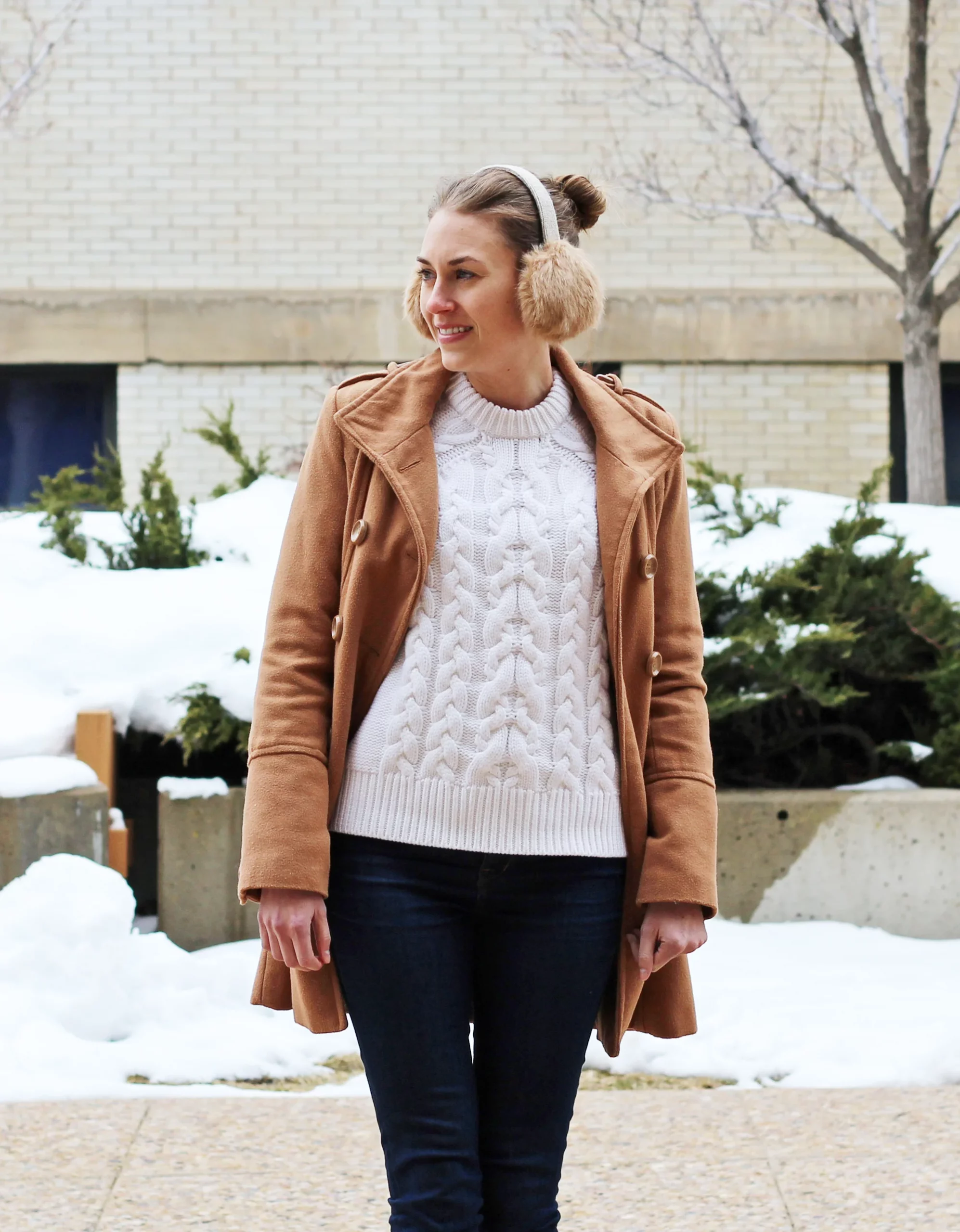 Camel Coat and Cable Knit Comfort — Earmuffs Outfits