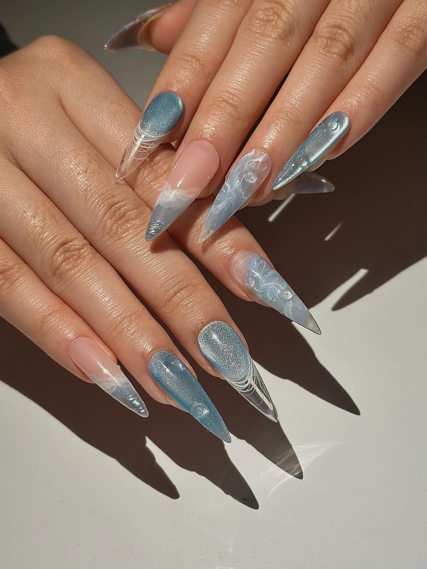 Shimmer Cat-Eye Visual Idea — Winter Stiletto Nails