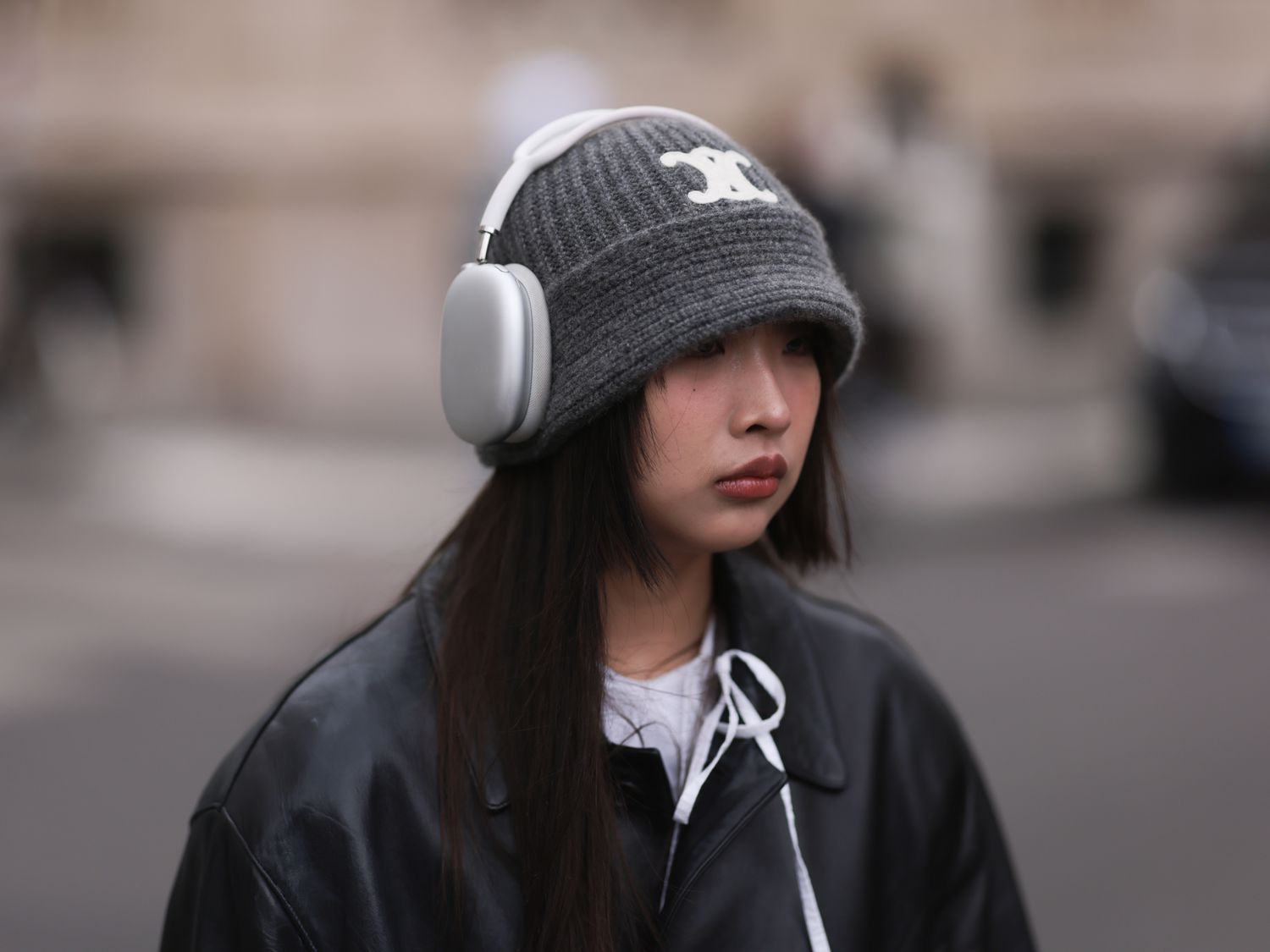 Grey Logo Beanie with Leather Jacket and Headphones — Beanie Outfits