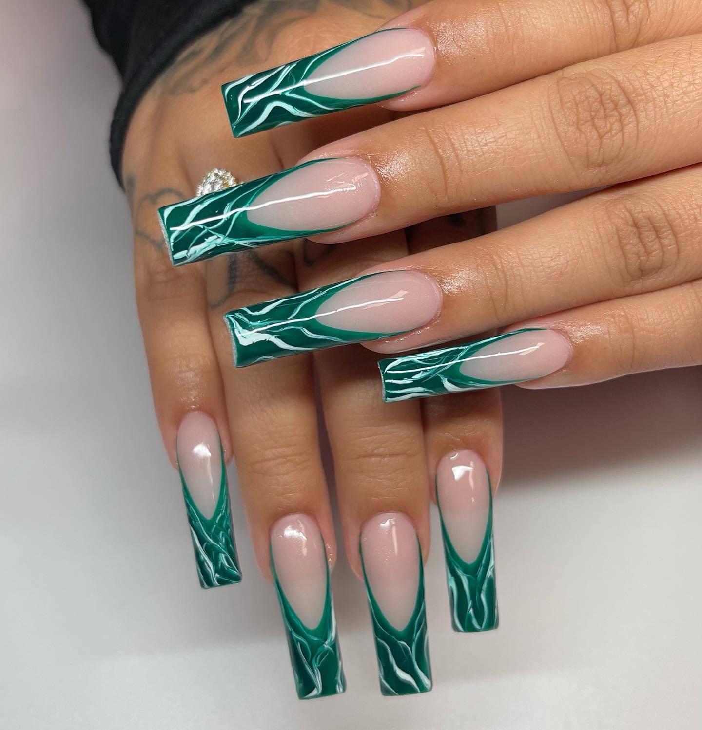 Extra-Long Square Green Swirl French Tips Extra-Long Square Green Swirl French Tips — Green Nail Designs