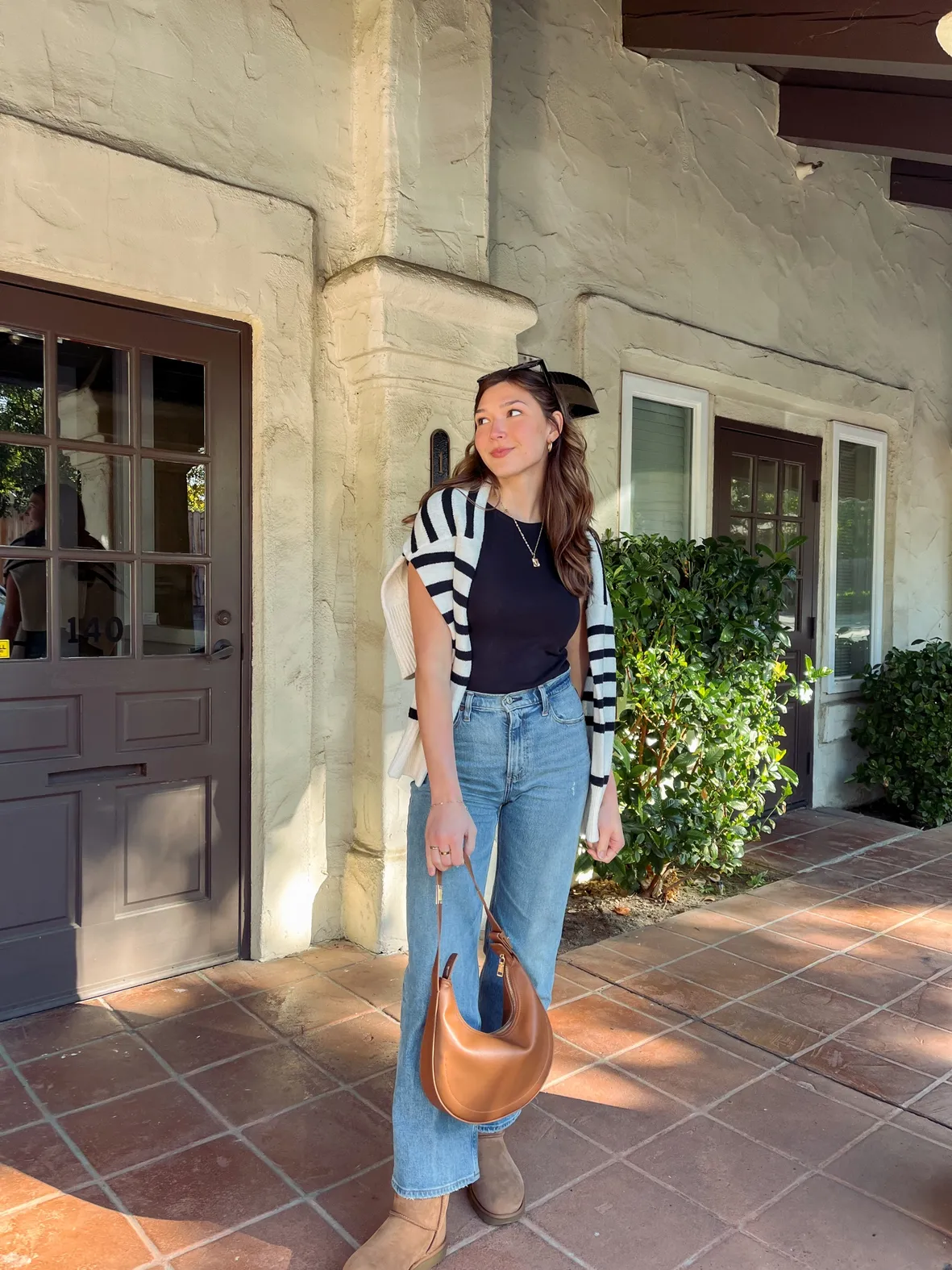 Striped Knit Cardigan Over Black T-Shirt with Jeans Striped Knit Cardigan Over Black T-Shirt with Jeans — Sweater Outfits