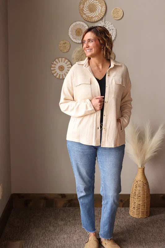 Apricot Corduroy Shacket Over Black T-Shirt — Winter Teacher Outfits