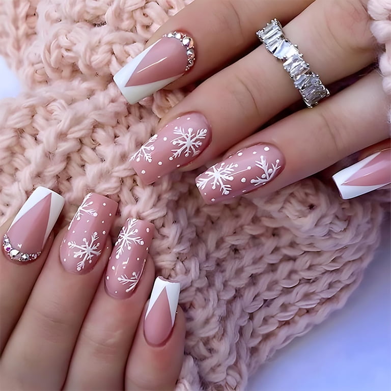 Medium Dusty Rose French Tip Snowflake Coffin Nails Medium Dusty Rose French Tip Snowflake Coffin Nails — Winter Coffin Nails