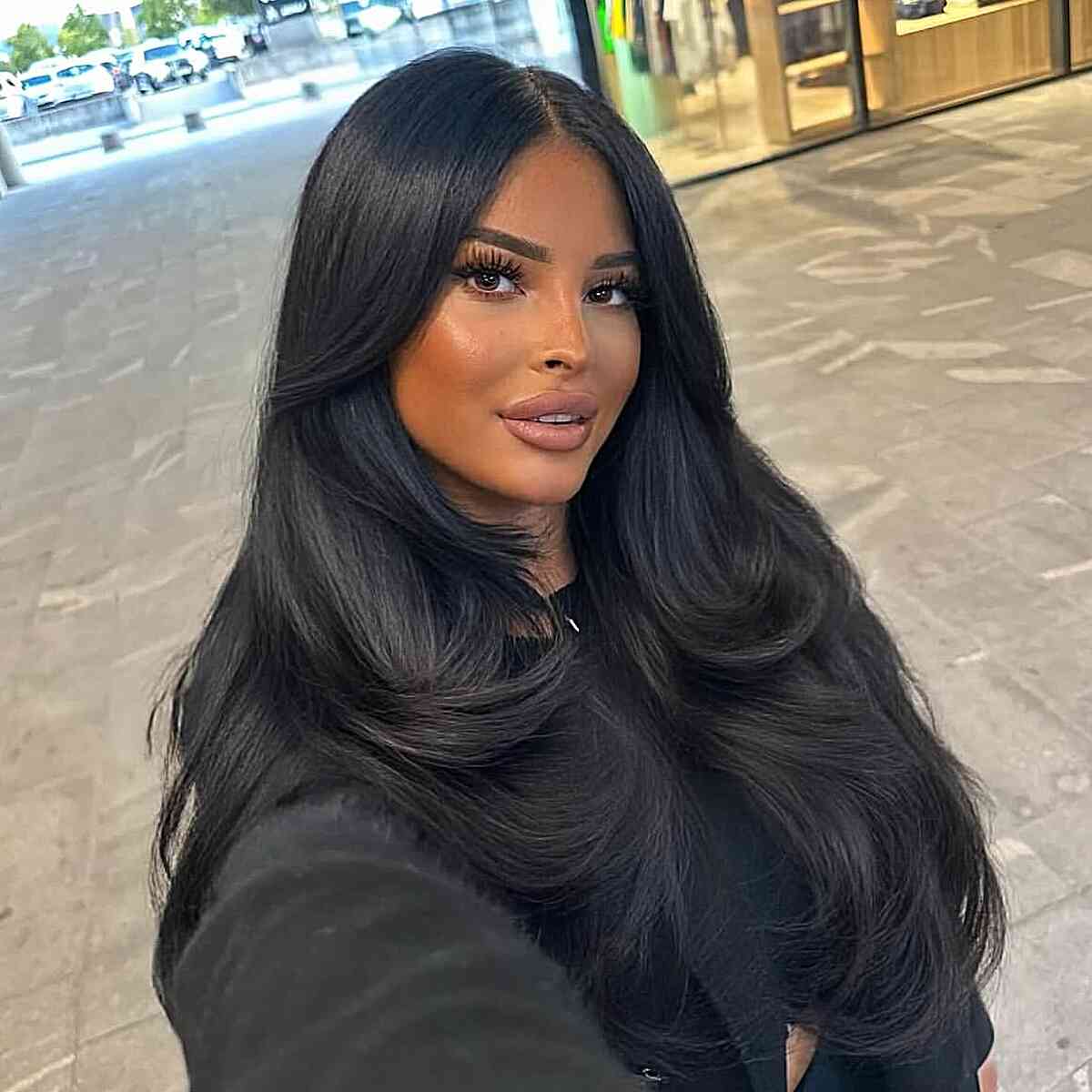 Voluminous Jet Black Layers With Curtain Bangs Voluminous Jet Black Layers With Curtain Bangs — Jet Black Hair