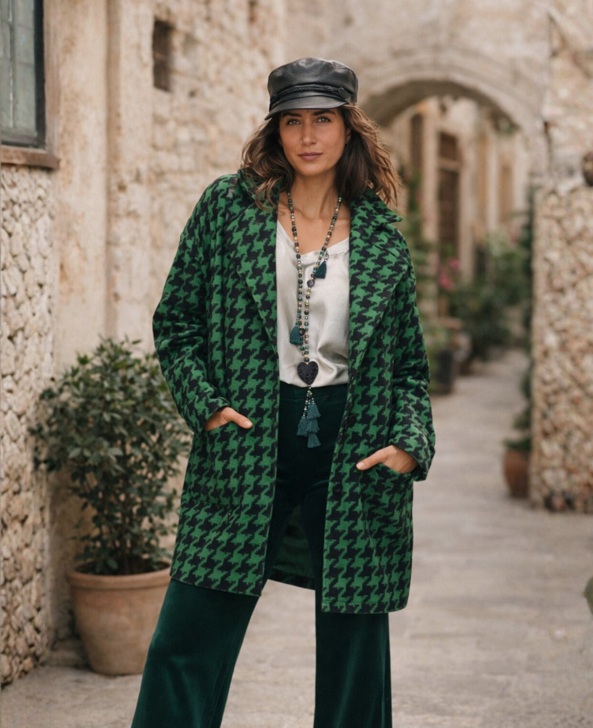 Houndstooth Coat with Velvet Trousers — Italy Winter Outfits