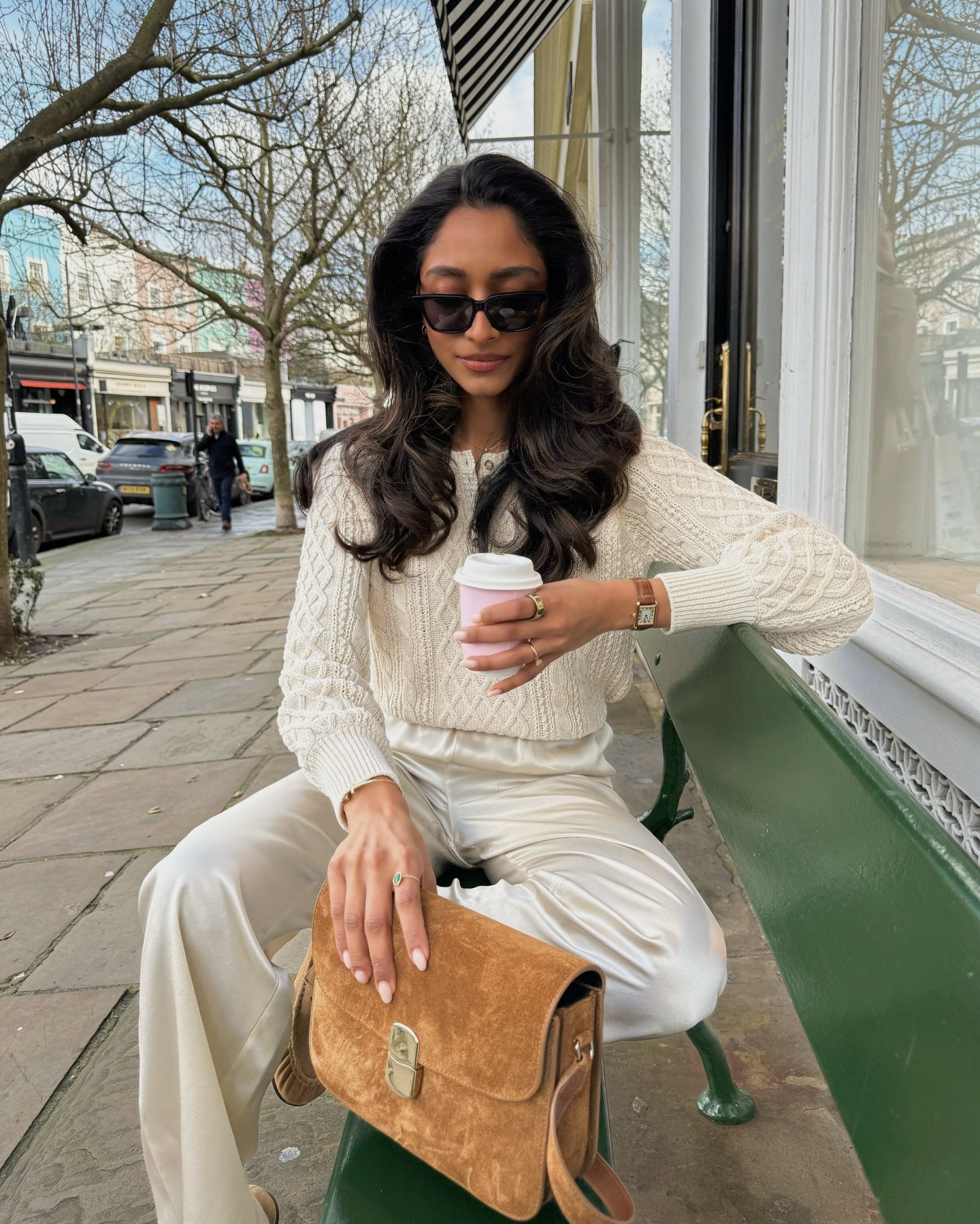 Cream Cable-Knit Sweater with Satin Wide-Leg Trousers — Winter to Spring Transition Outfits