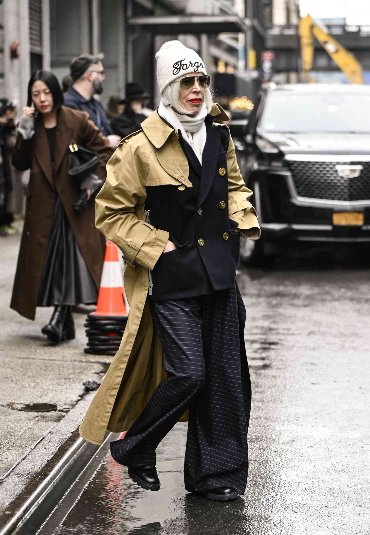 Layered Tan and Navy Trench Coat with Blazer and Pinstripe Trousers Layered Tan and Navy Trench Coat with Blazer and Pinstripe Trousers — NYC Winter Outfits