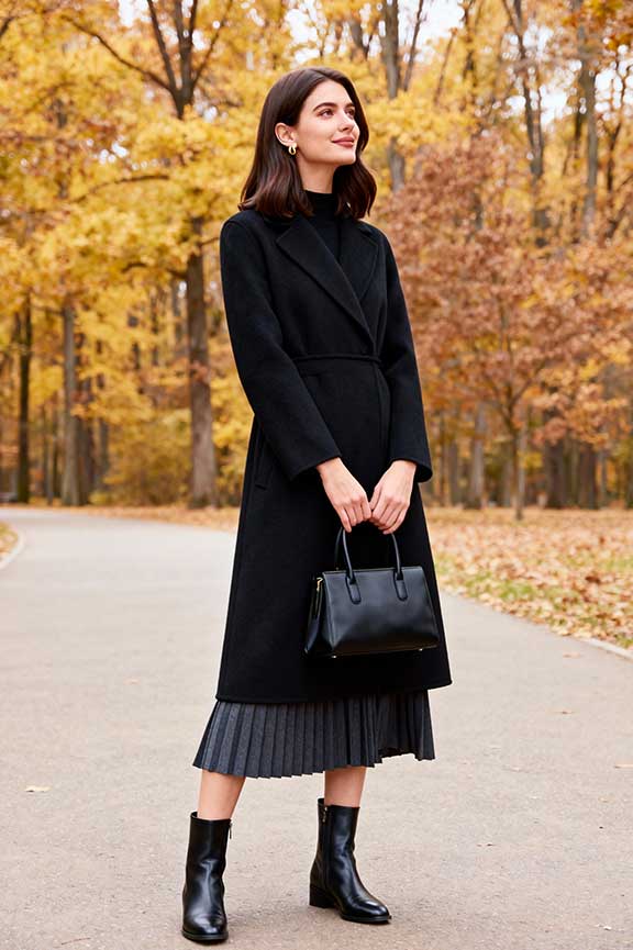 Black Coat with Grey Pleated Skirt Black Coat with Grey Pleated Skirt — Black Coat Outfits