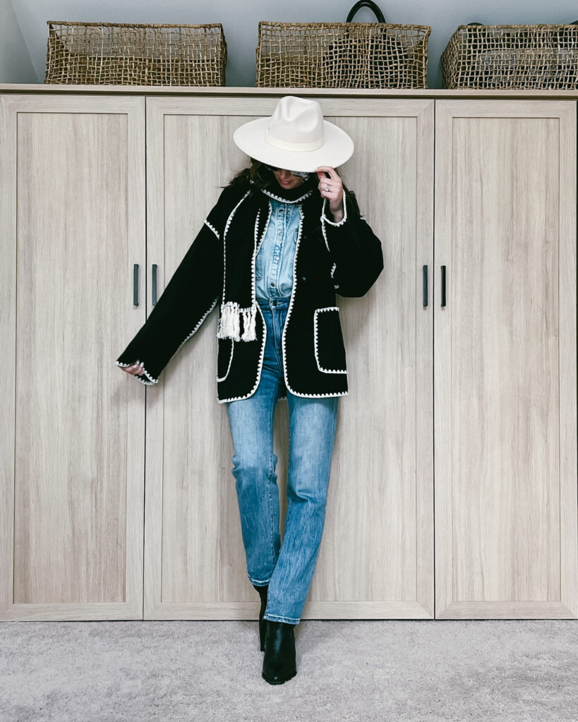Fringed Black Jacket Over Denim Shirt and Jeans with a Fedora Fringed Black Jacket Over Denim Shirt and Jeans with a Fedora — Western Winter Outfits