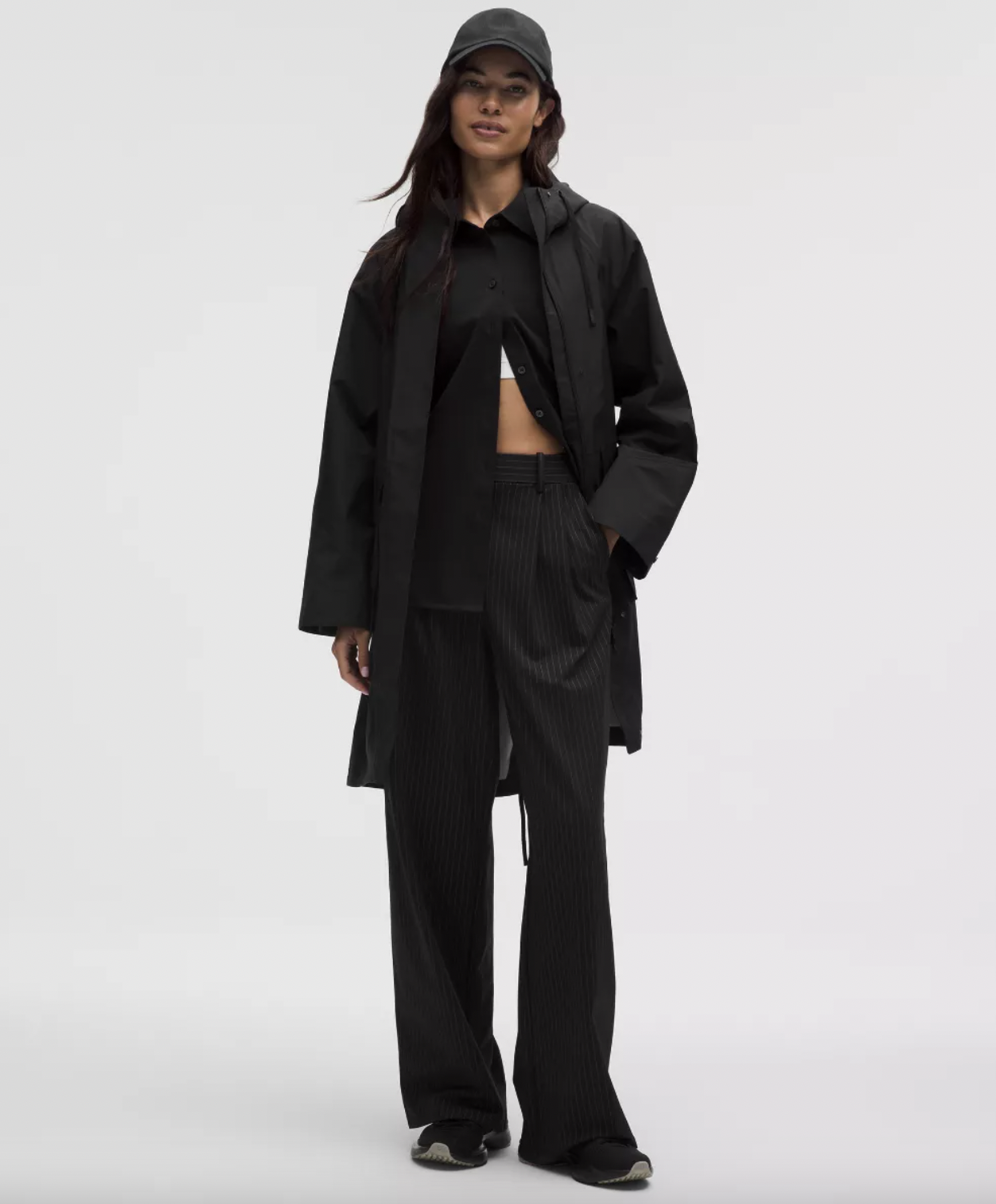 Longline Hooded Parka with Pinstripe Pants — Parka Outfits