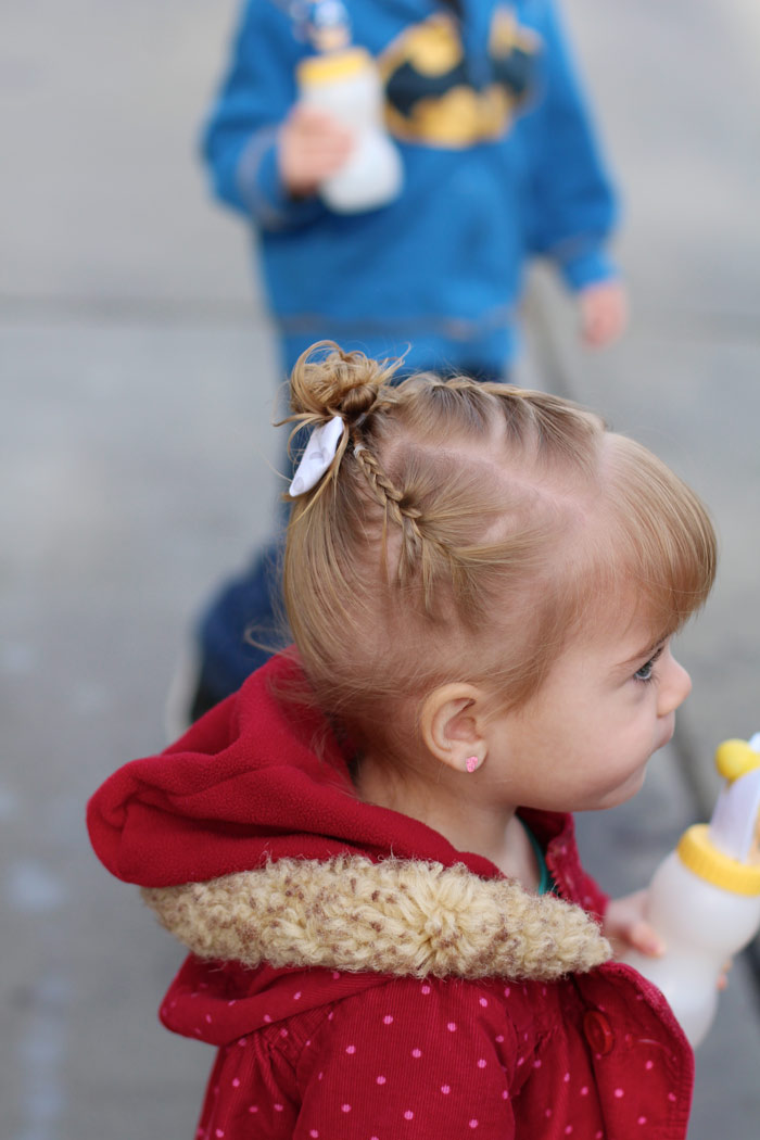 Mini Bun With Braids and Blunt Bangs Mini Bun With Braids and Blunt Bangs — Winter Hairstyles for Kids