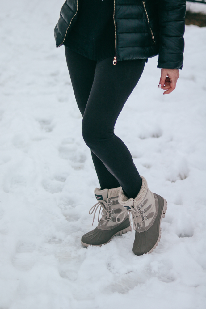 Grey and Beige Lace-Up Snow Boots with Black Leggings and Knit Sweater — Snow Boots Outfits