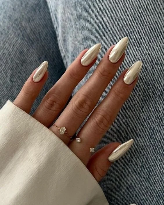 Soft Chrome Pearlescent White Almond Nails — Winter Acrylic Nail Colors