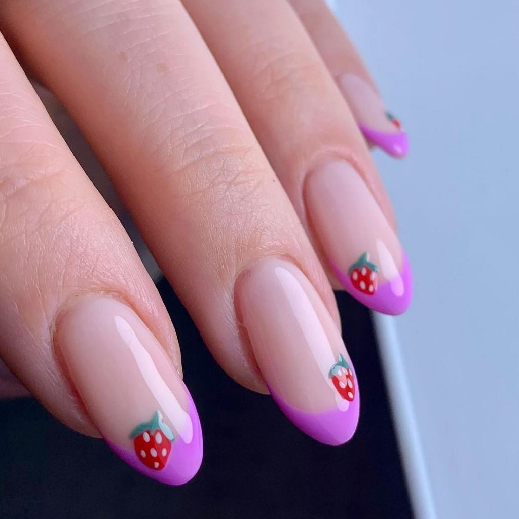 Medium Almond Pink French with Strawberry Art — Cute Nail Designs