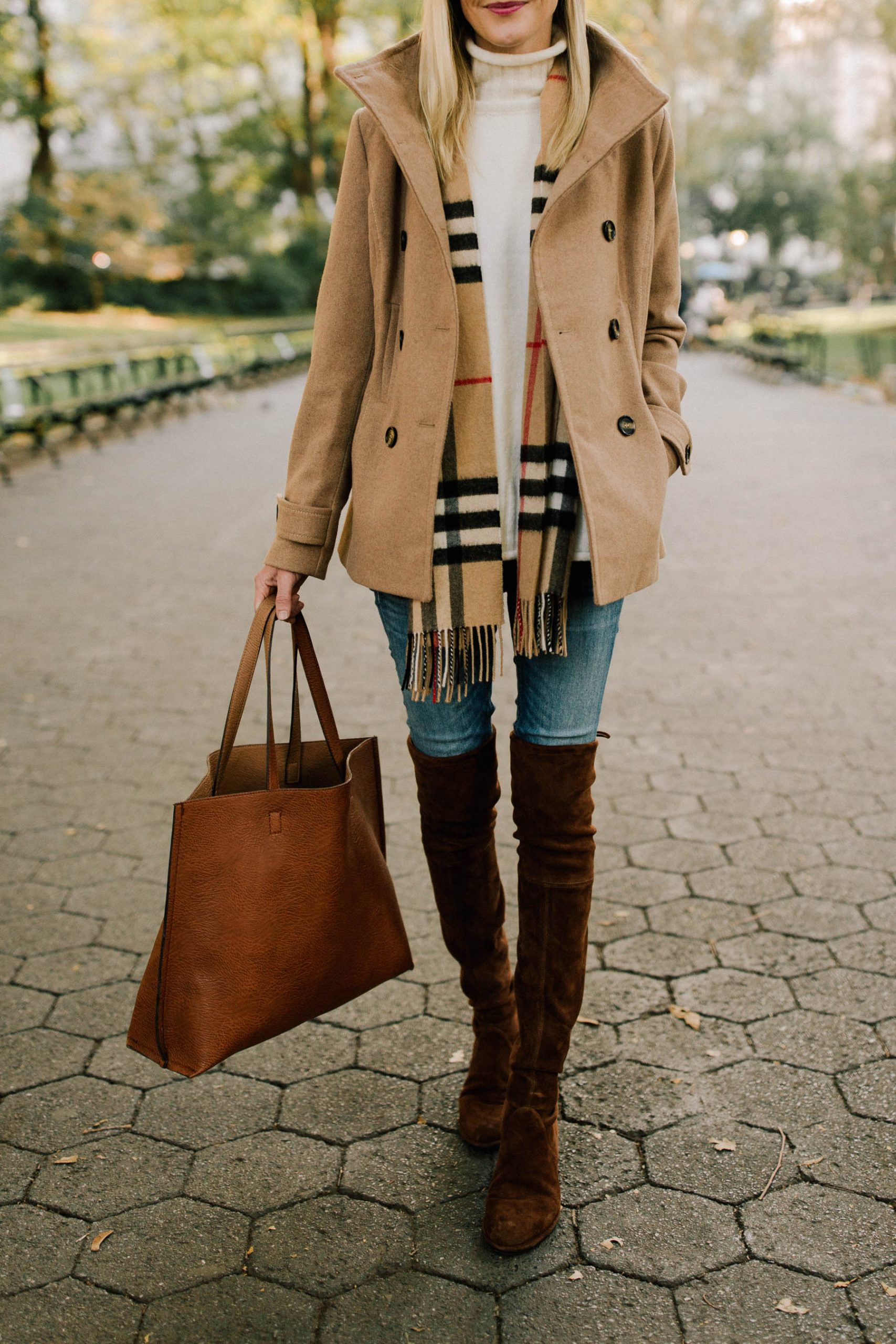Camel Peacoat with Plaid Scarf and Over-the-Knee Boots Camel Peacoat with Plaid Scarf and Over-the-Knee Boots — Peacoat Outfits
