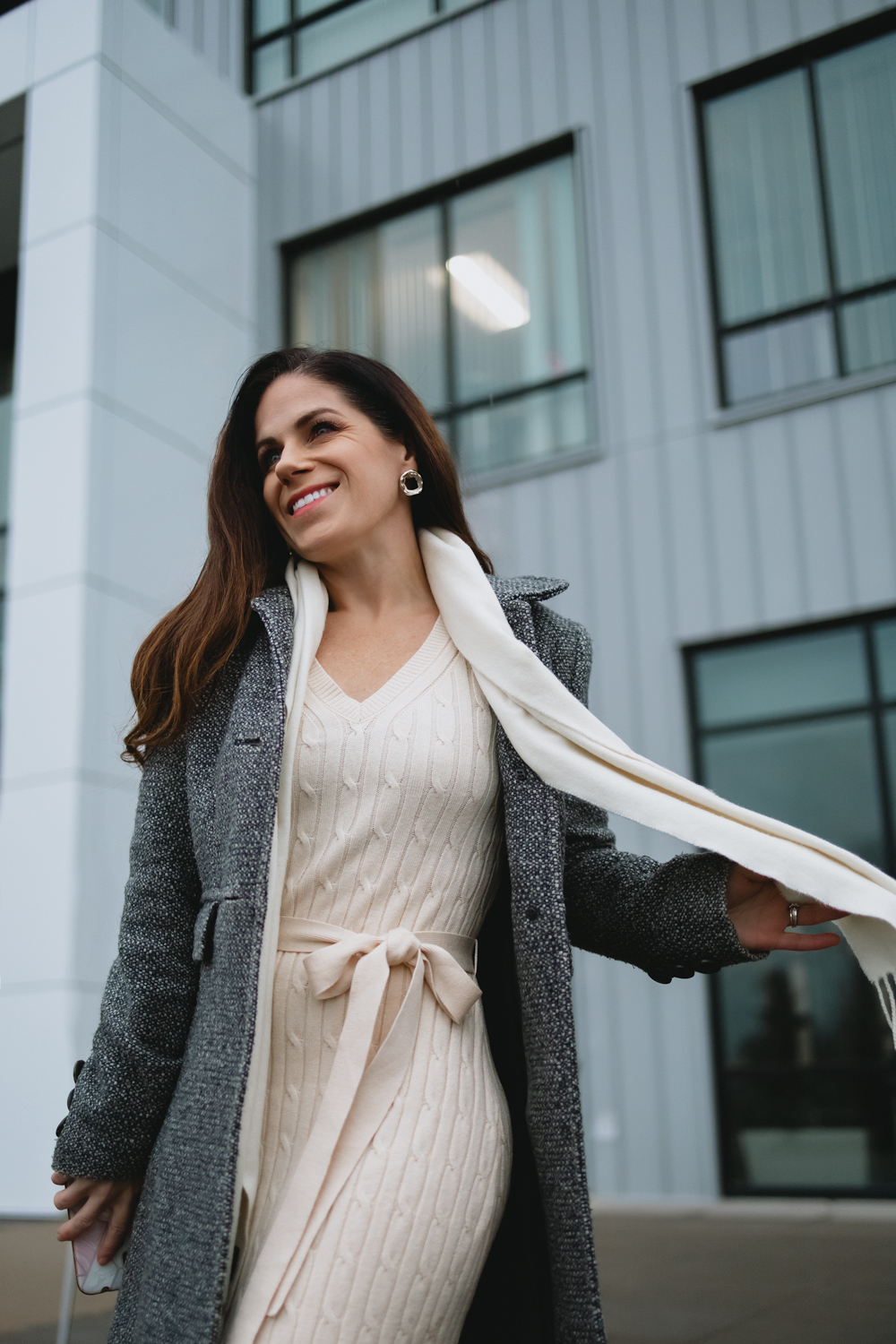 Cable-Knit Midi Dress with Textured Coat Cable-Knit Midi Dress with Textured Coat — Warm Winter Outfits