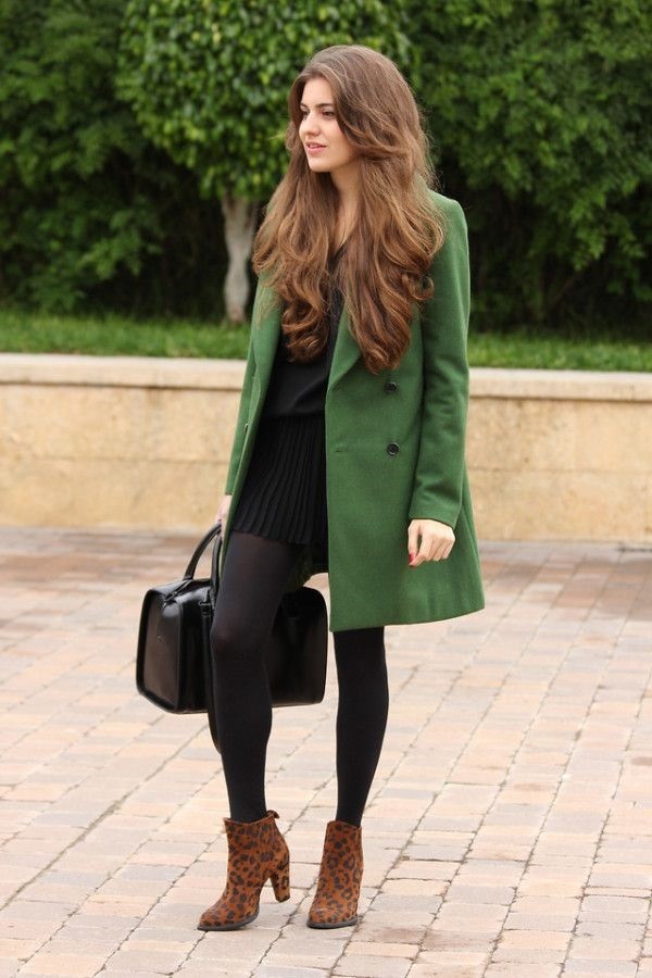 Green Wool Coat Over a Black Dress with Leopard Boots Green Wool Coat Over a Black Dress with Leopard Boots — Winter Going Out Outfits