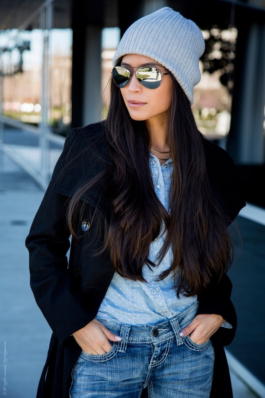 Light Grey Beanie with Black Coat and Denim Shirt — Beanie Outfits