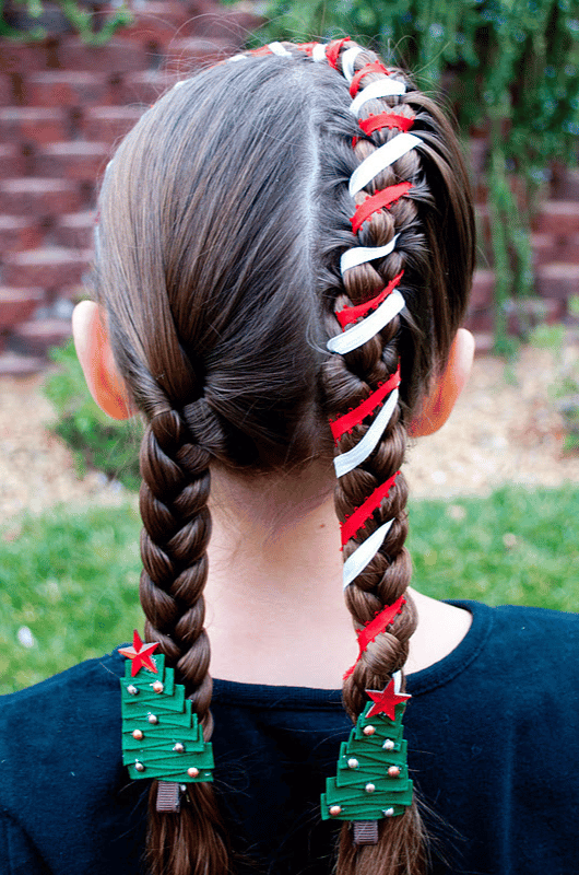 Dutch Braids With Festive Ribbons Dutch Braids With Festive Ribbons — Winter Hairstyles for Kids
