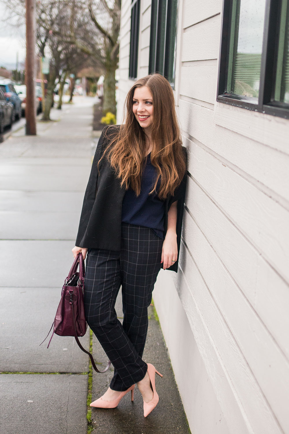 Unexpected Pop: Pink Heels with Navy and Grey Plaid Unexpected Pop: Pink Heels with Navy and Grey Plaid — Winter Work Outfits