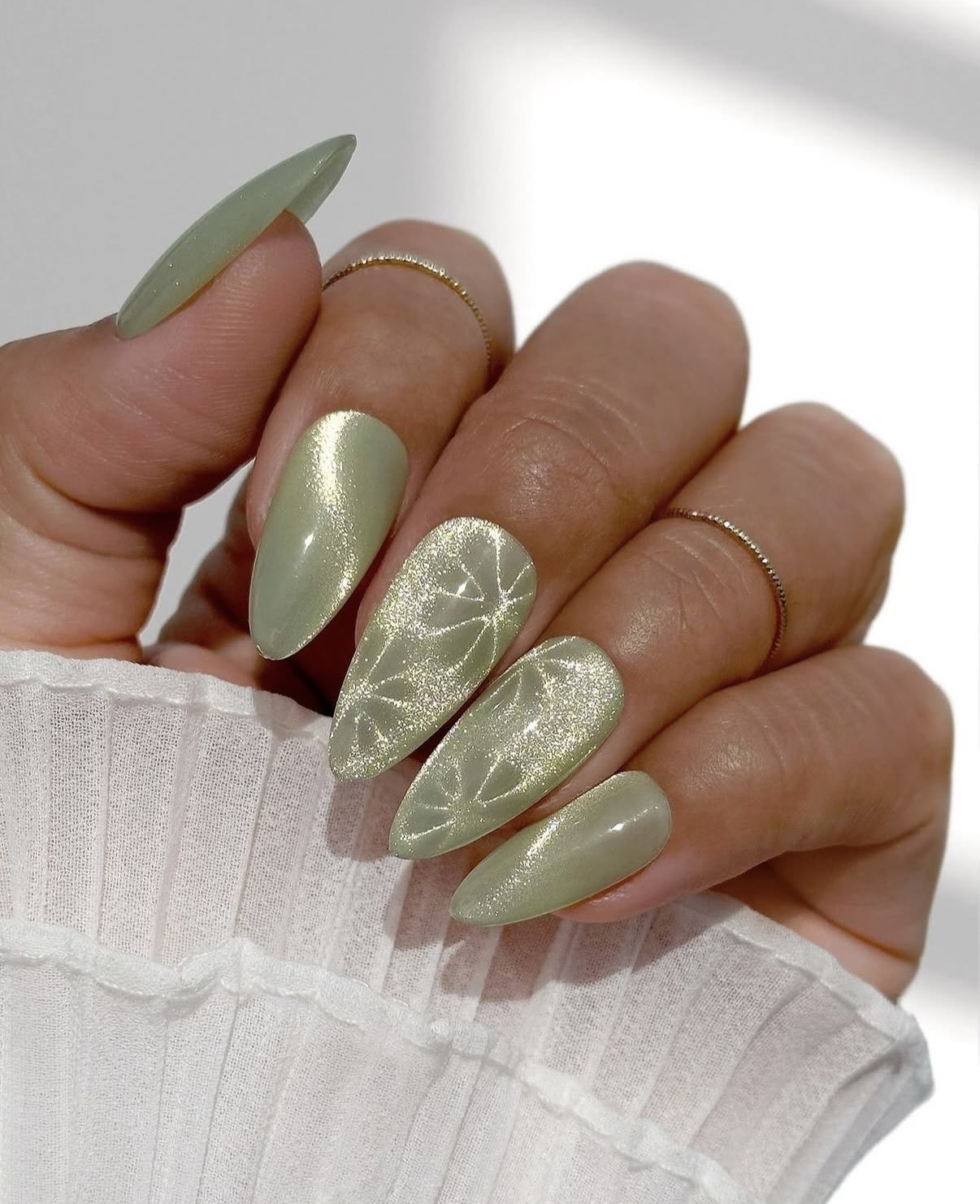 Sage Green with Geometric Glitter Accents Sage Green with Geometric Glitter Accents — Green Nail Designs
