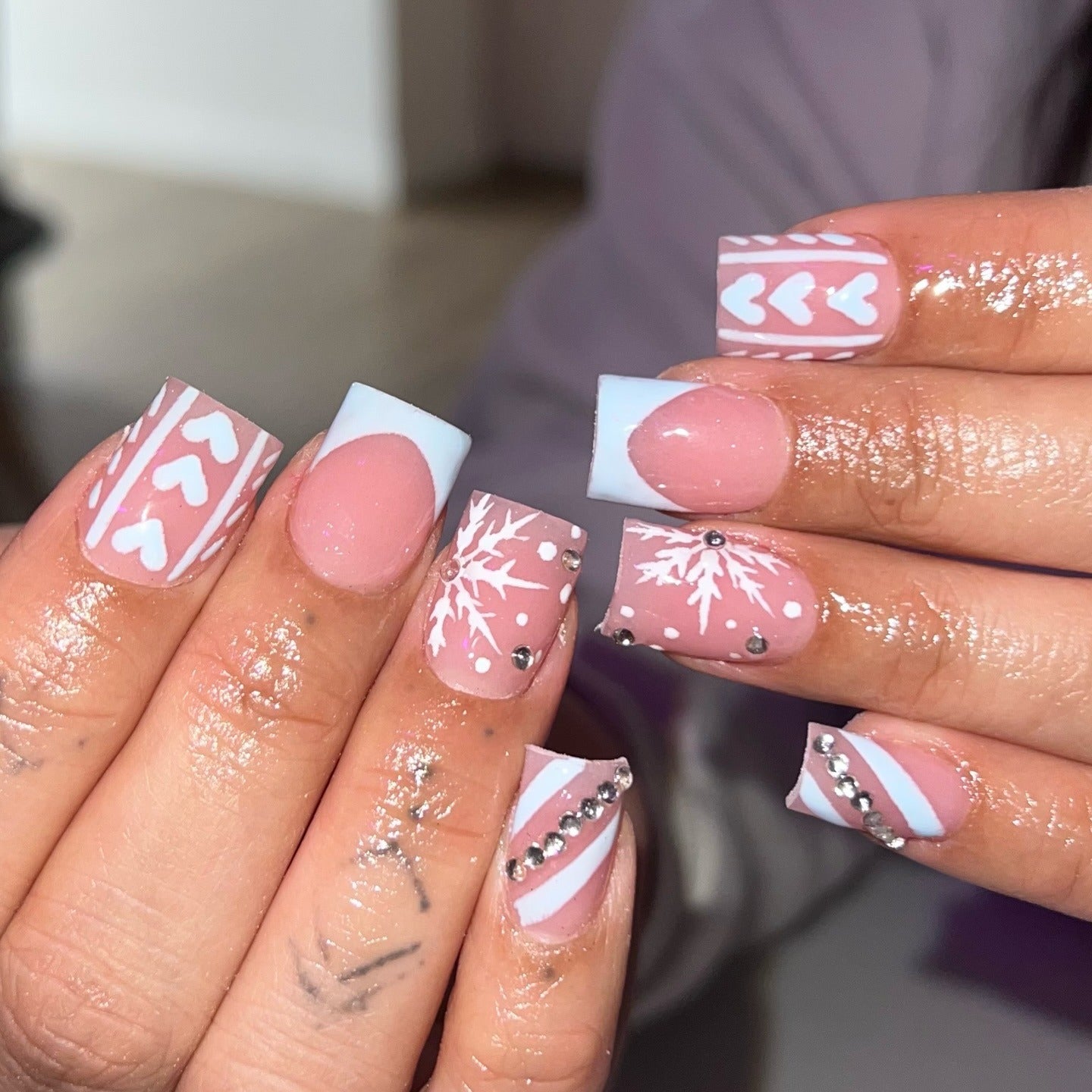 Pink and Light Blue Heart Snowflake Nails — Winter Acrylic Nails