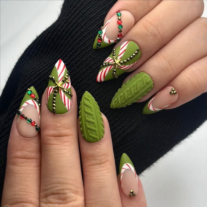 Festive Olive Green Stiletto Mix — Sweater Nails