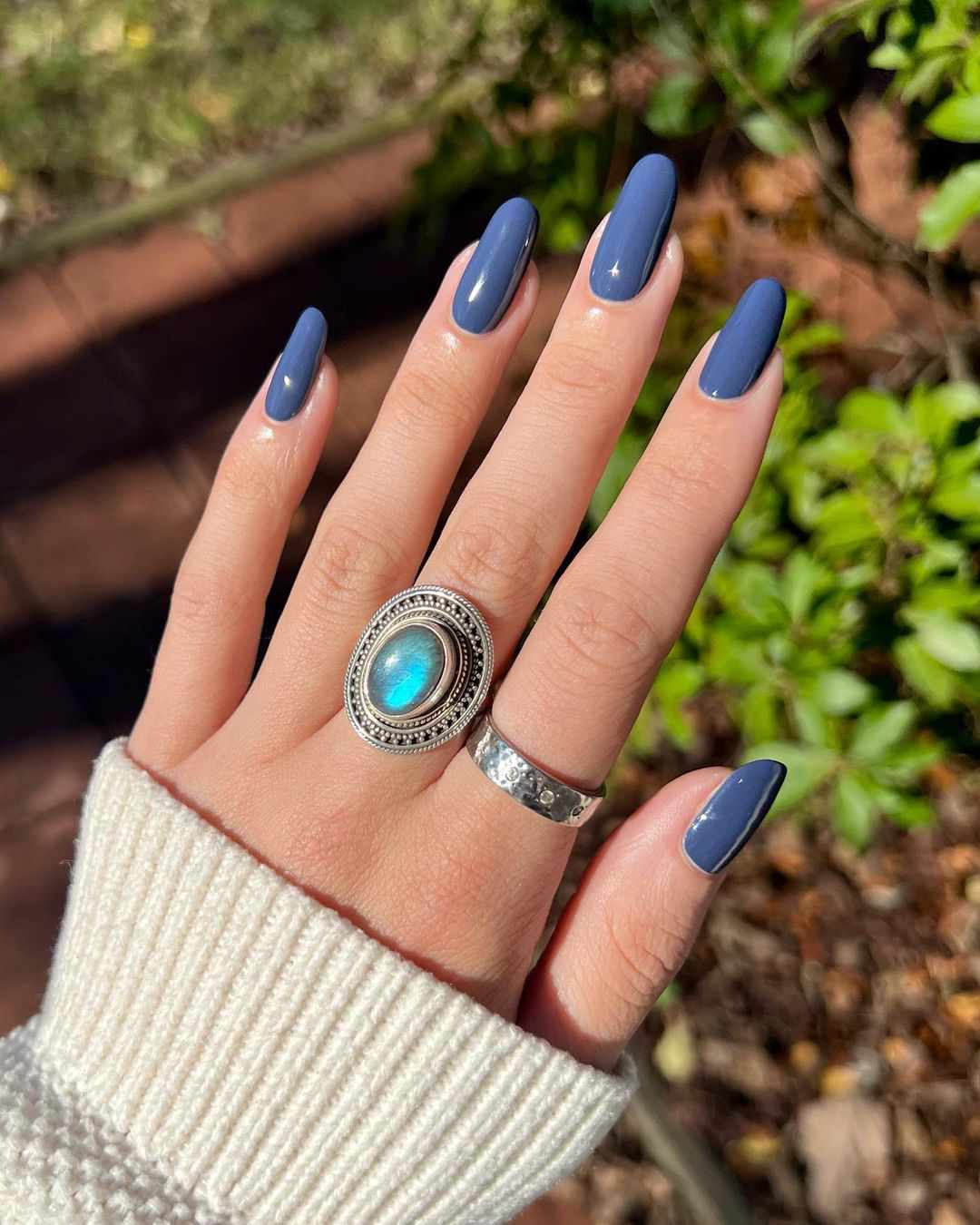 Deep Slate Blue Glossy Stiletto Nails — Winter Acrylic Nail Colors