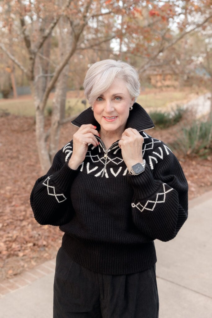 Black Fair Isle Sweater for a Classic Winter Look Black Fair Isle Sweater for a Classic Winter Look — Casual Winter Outfits for Women Over 50