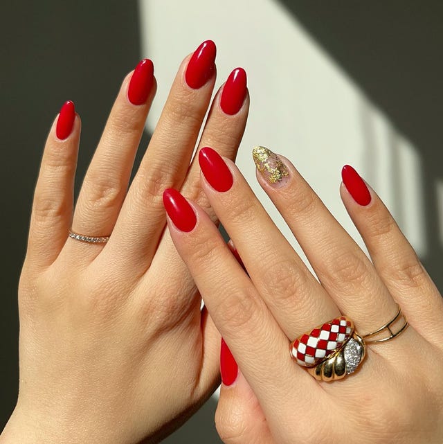 Vibrant Red with Gold Foil Accent — Winter Gel Nail Colors
