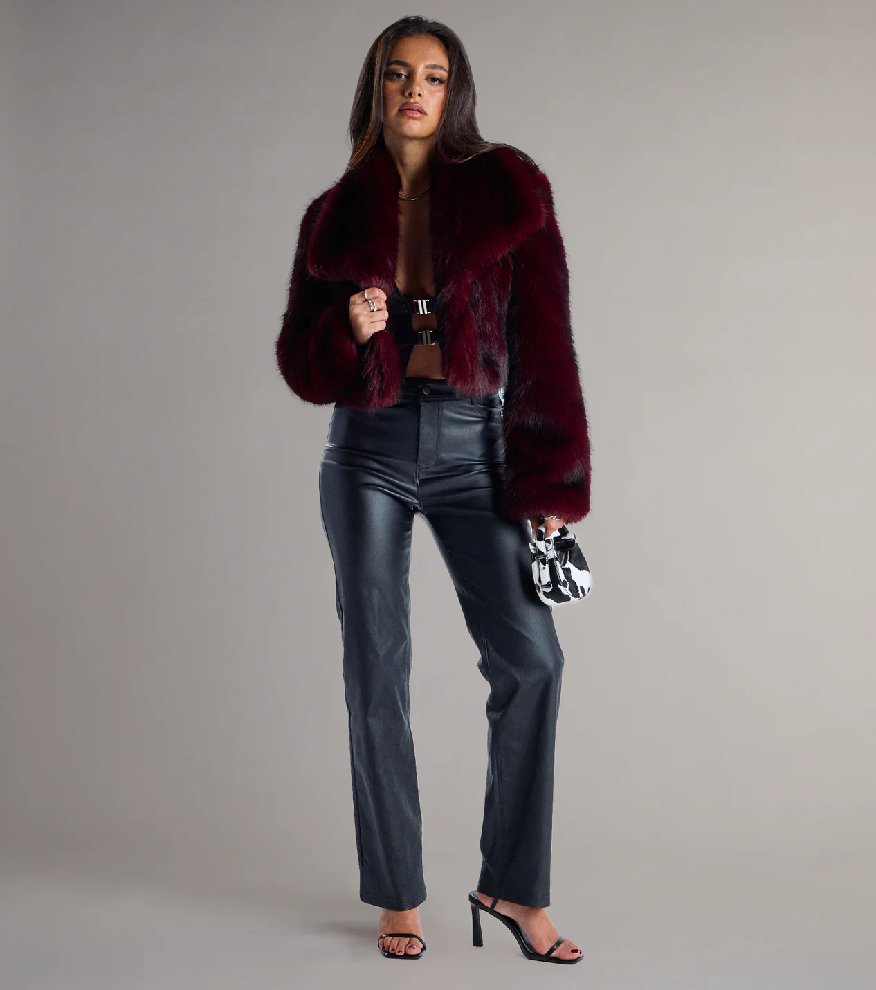 Cropped Burgundy Faux Fur Coat with Leather Trousers for Evening — Faux Fur Coat Outfits