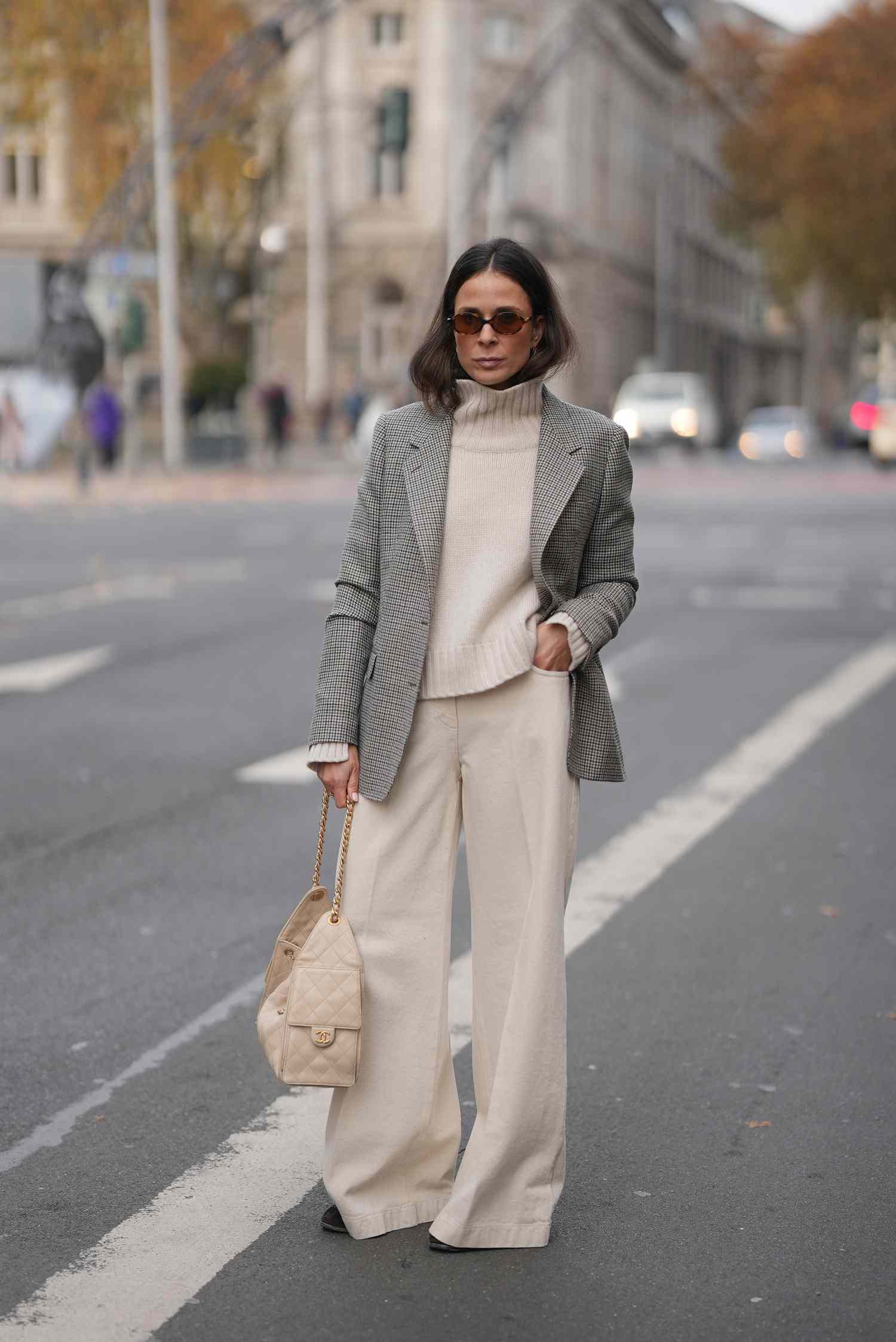 Checked Blazer Over Cream Turtleneck and Wide-Leg Trousers Checked Blazer Over Cream Turtleneck and Wide-Leg Trousers — Winter Streetwear Outfits