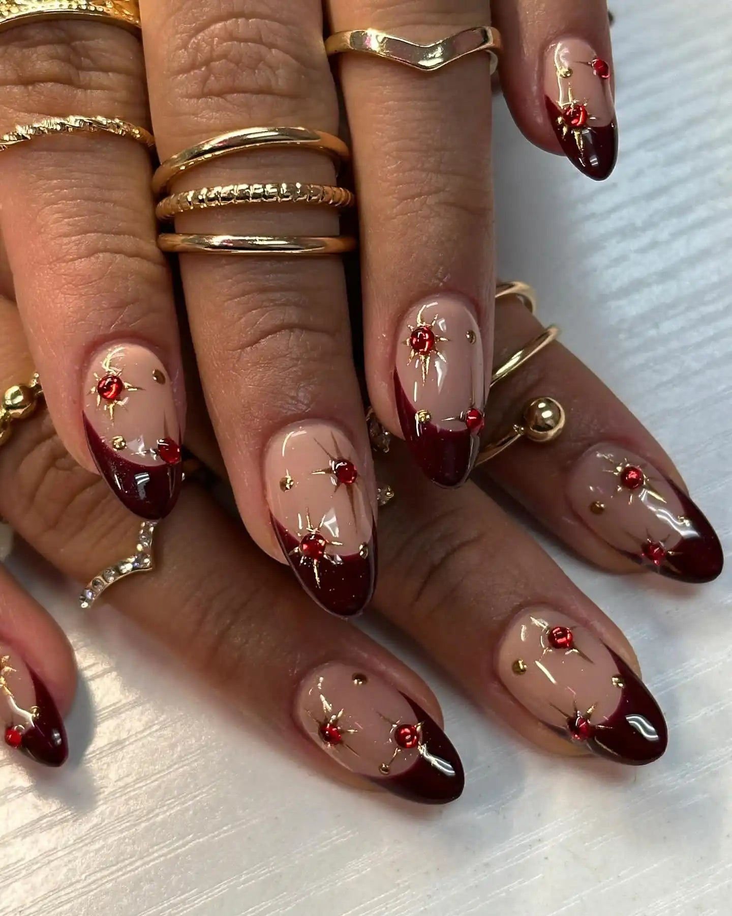 Burgundy Tips with Gems and Gold Dots Burgundy Tips with Gems and Gold Dots — Burgundy Nails