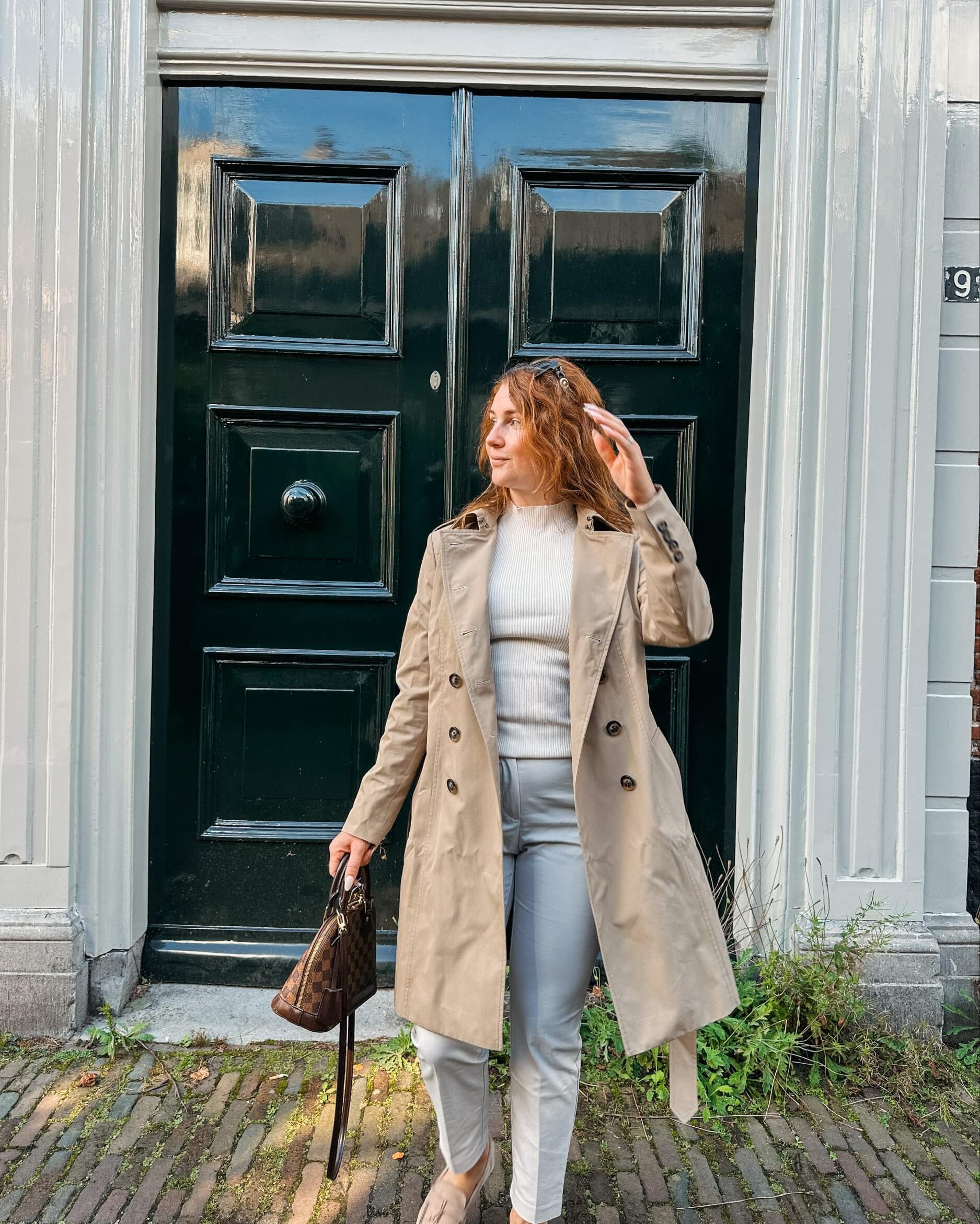Beige Trench Coat with Ribbed Sweater and Pink Flats — Long Coat Outfits