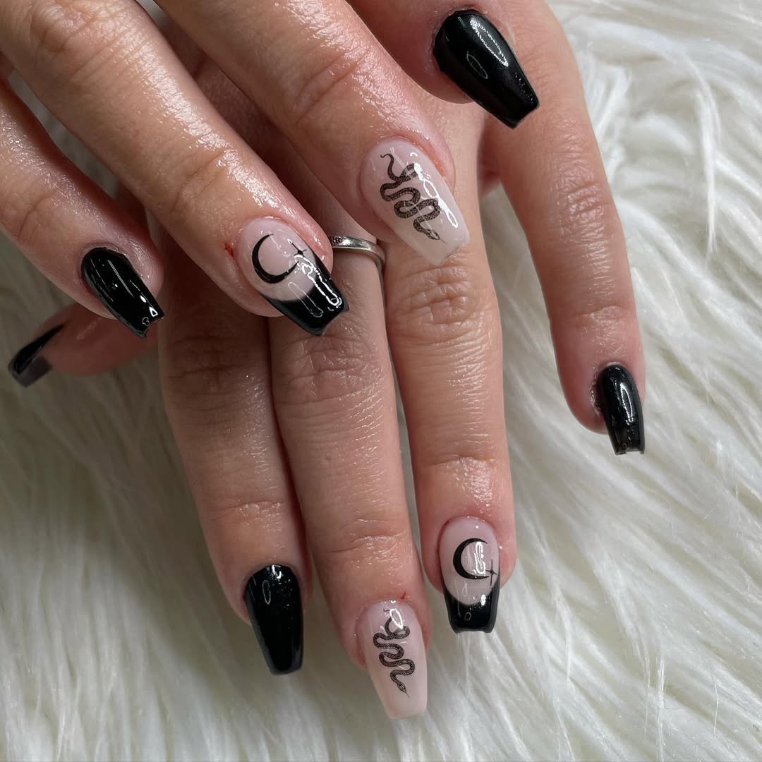 Glossy On Black Glossy On Nude Visual Idea — Coffin Nail Designs