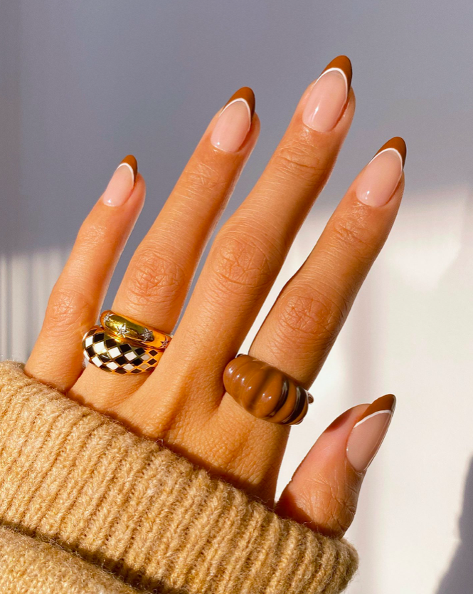 Sheer Pink Brown French Tip Nails — Brown Nail Designs