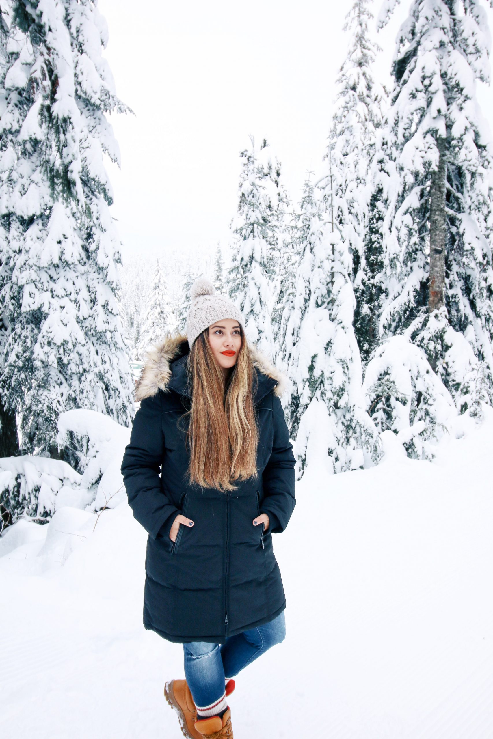 Fur-Trimmed Puffer Coat and Jeans for a Classic Winter Look — Snow Day Outfits