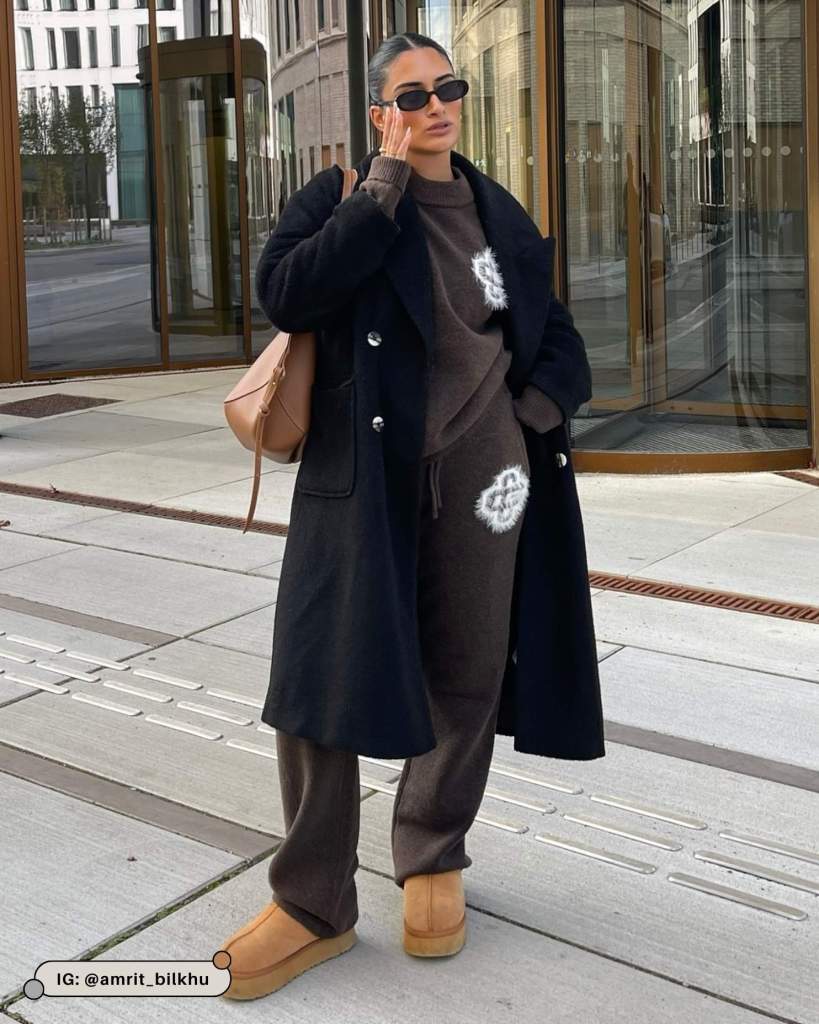 Relaxed Black Coat with Brown Athleisure Relaxed Black Coat with Brown Athleisure — Black Coat Outfits
